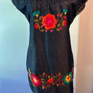 Chic denim Yucatan Dress with Vibrant Floral Embroidery